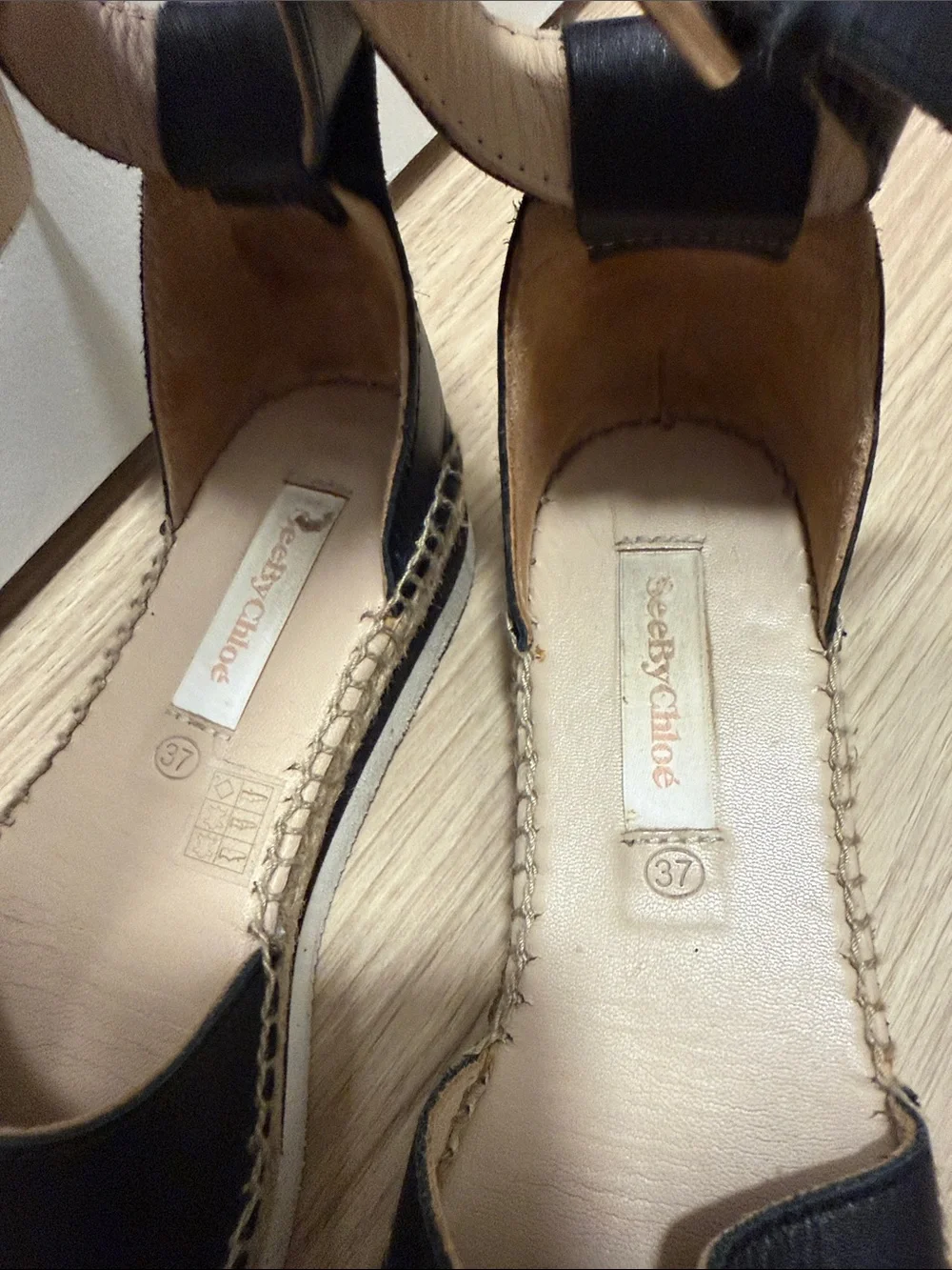 See By Chloe Black Leather Espadrille Sandals with Ankle Strap